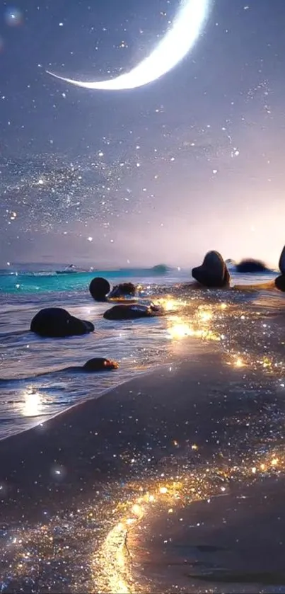 Fantasy beach scene with starry sky and glowing waves, perfect for mobile display.