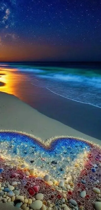 Heart-shaped beach art under a starlit sky with a glowing horizon.