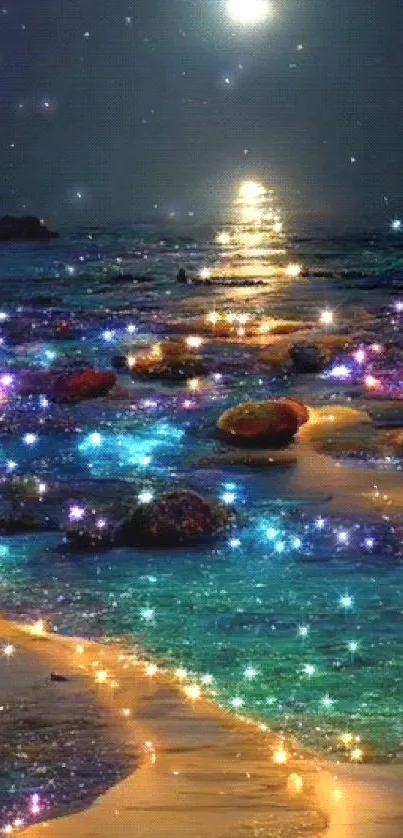 A magical moonlit beach with glowing stars and calm ocean waves.