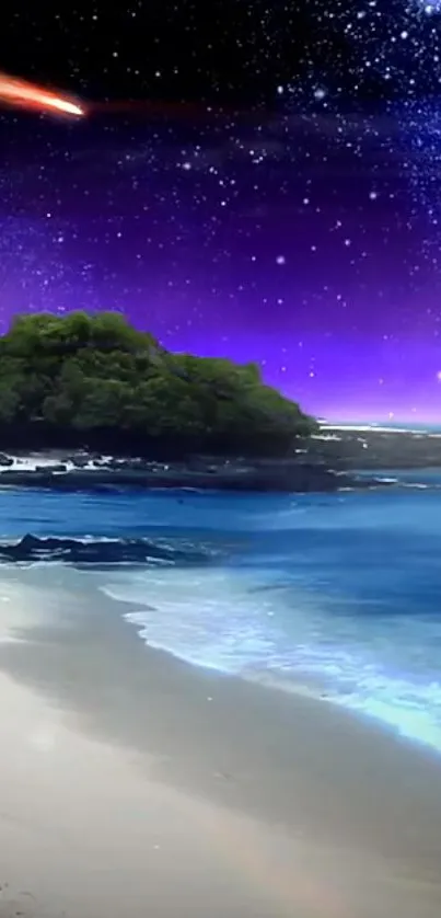 Serene beach under starlit purple night sky with cosmic view.