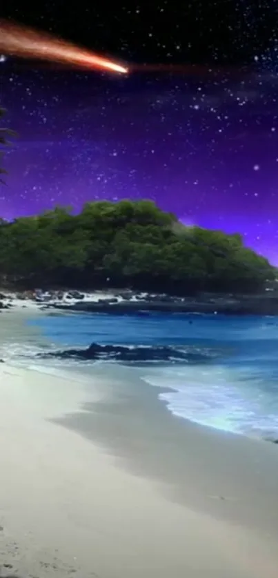 Vibrant beach under a starry violet sky.