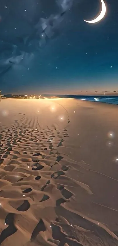 Serene night beach with crescent moon and stars.