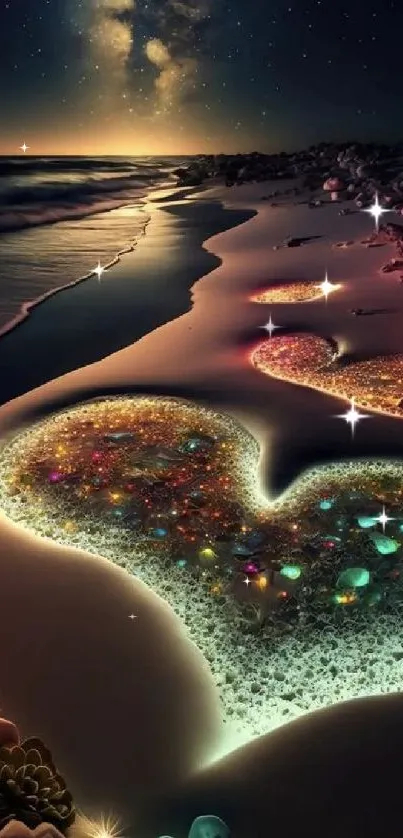 Starlit beach with glowing heart-shaped sand pools under a cosmic sky.