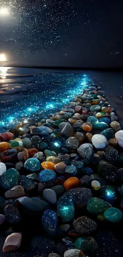 Starlit beach with glowing pebbles at night under a starry sky.