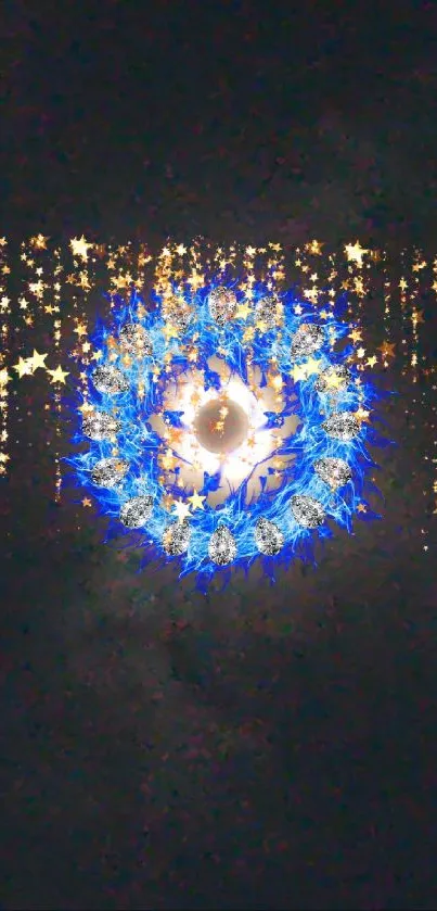 Radiant blue orb with golden stars on a dark background.