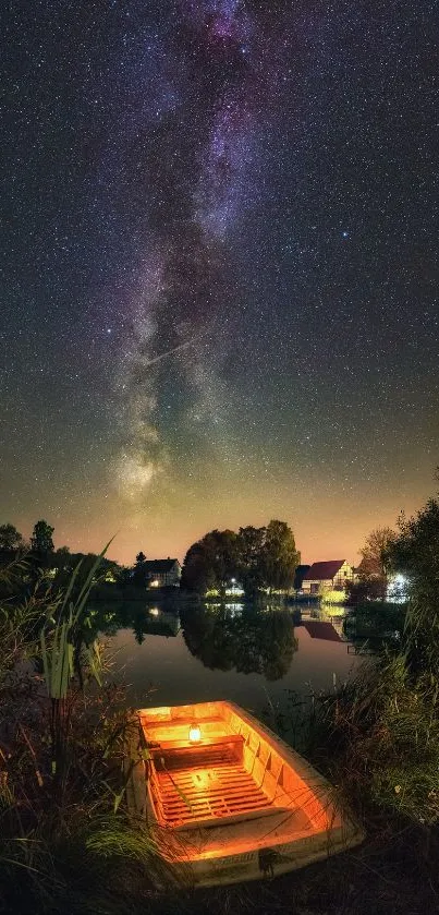 Stunning night sky with Milky Way over a tranquil lake and illuminated boat.