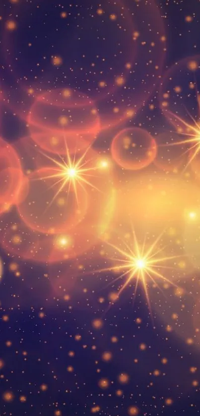 Golden bokeh lights mobile wallpaper with glowing sparkles and stars.