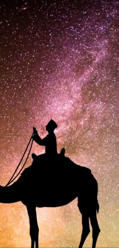 Silhouette of a camel under a starlit galaxy sky.