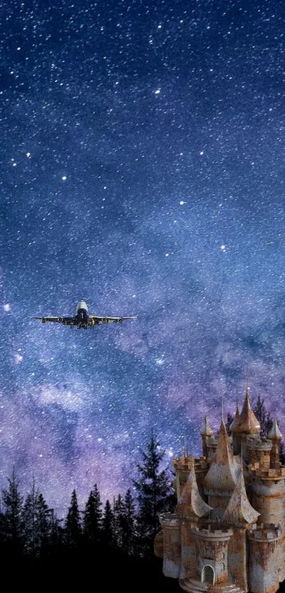 Airplane over castle with starlit sky wallpaper.