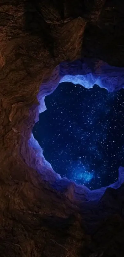 A captivating cave view with stars visible through the opening and blue hues.