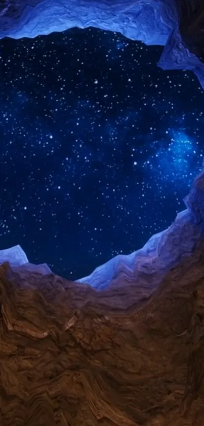 Starlit sky through a cave opening, deep blue night scene.