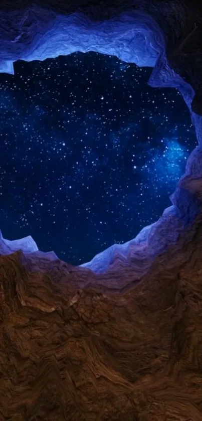 Cave opening reveals starry night sky.