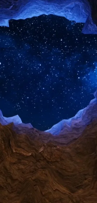 Cave opening view with starlit night sky and galaxy background.