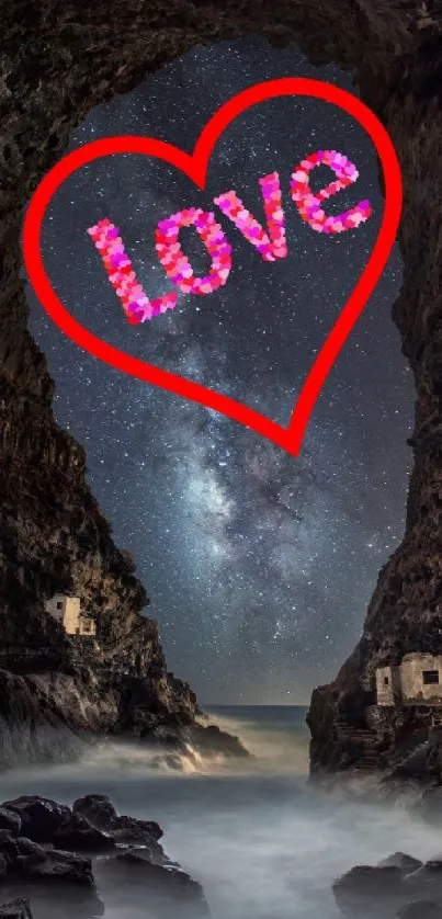 Romantic starry night scene with heart in a cavern.