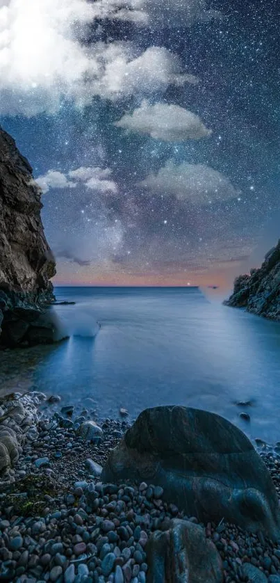 Starlit night over a rocky coastal scene, with a calming ocean view.