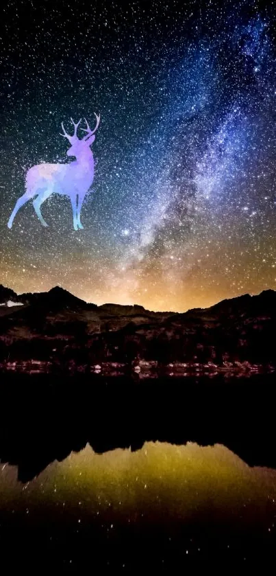 Deer silhouette under a starry night sky with mountains and reflection.