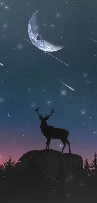 Silhouette of deer with moon and stars in night sky.