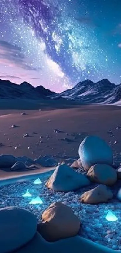 Stunning starlit desert landscape with blue glowing rocks and a starry night sky.