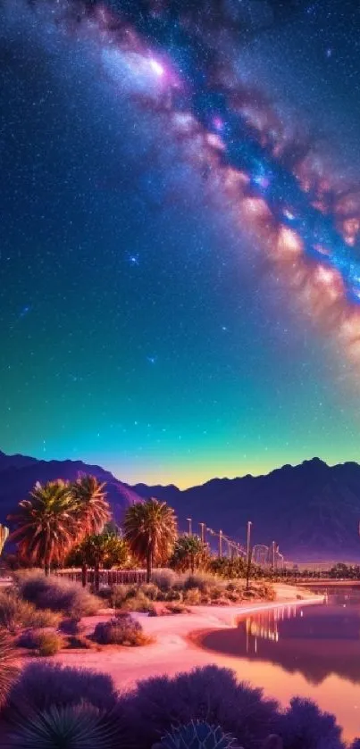 Starry desert night with Milky Way over mountains and cacti, vibrant cosmic scene.