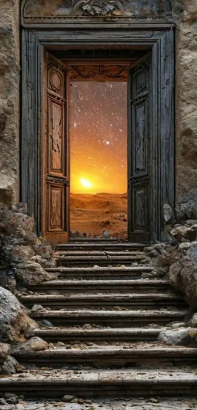 Doorway opens to a starlit desert with a glowing sunset.