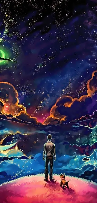 Man and dog under a starry, colorful sky on a hill.