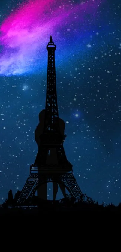 Eiffel Tower silhouetted against a starry night sky with colorful cosmic glow.