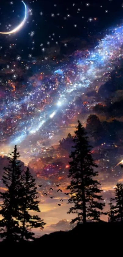 Starlit fantasy night sky with galaxies and crescent moon.