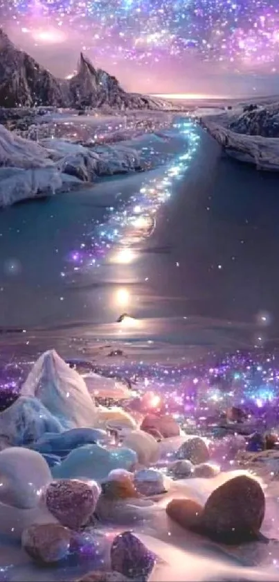 Fantasy landscape with a starlit river under a purple sky and glowing stones.