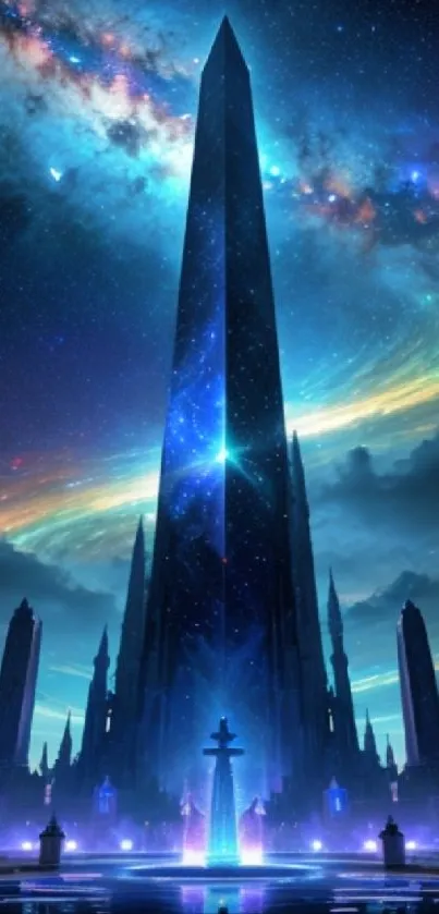 Fantasy tower under a vibrant, starry sky in this stunning mobile wallpaper.