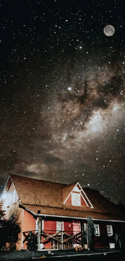 Farmhouse under a starry night sky with a bright full moon.