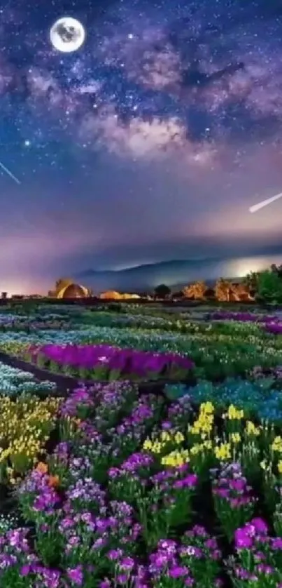 Colorful flower field under a starlit night sky with a full moon.