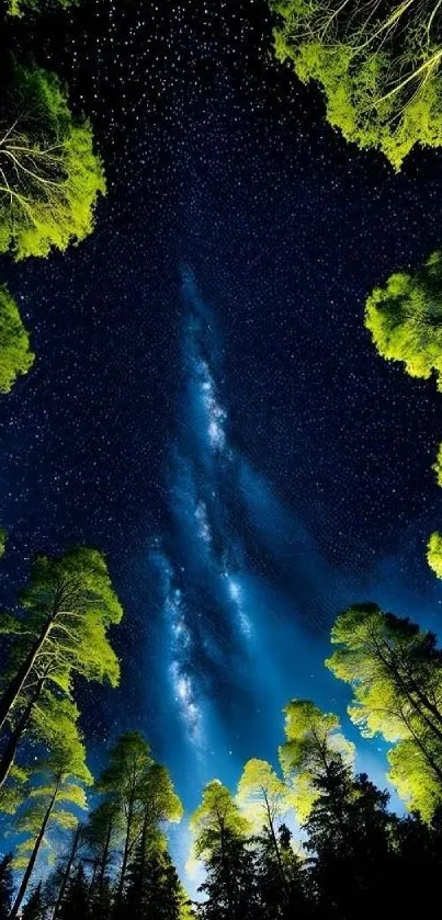 Vibrant forest beneath a starlit night sky with a galaxy view.