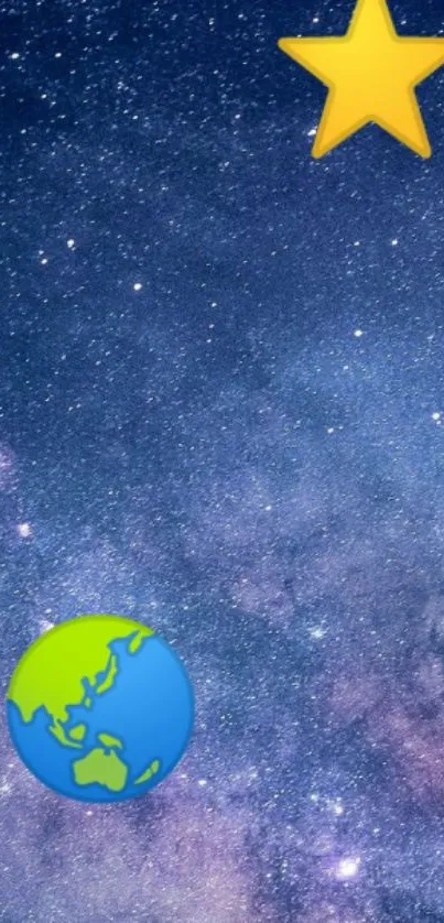 Star and Earth in a galaxy themed mobile wallpaper.