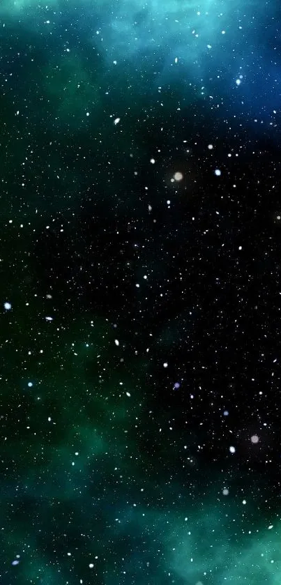 Galaxy-themed mobile wallpaper with stars in a cosmic blue and green nebula.