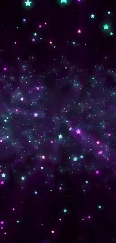 Starlit galaxy wallpaper with pink and purple stars against a dark cosmic background.