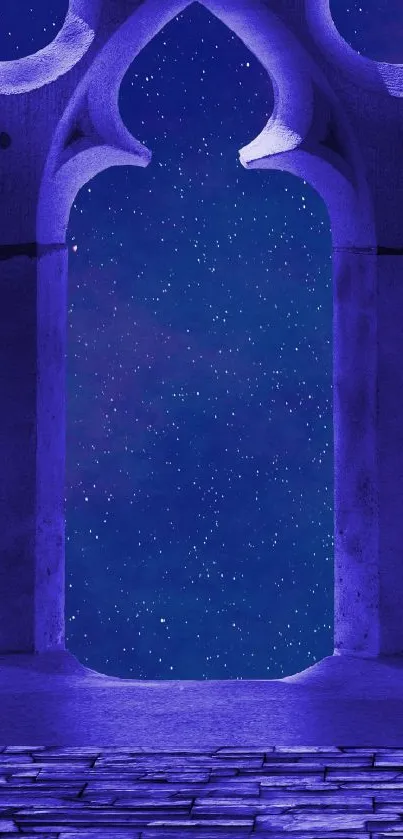 Mystical gothic arch starlit night wallpaper in purple hues.