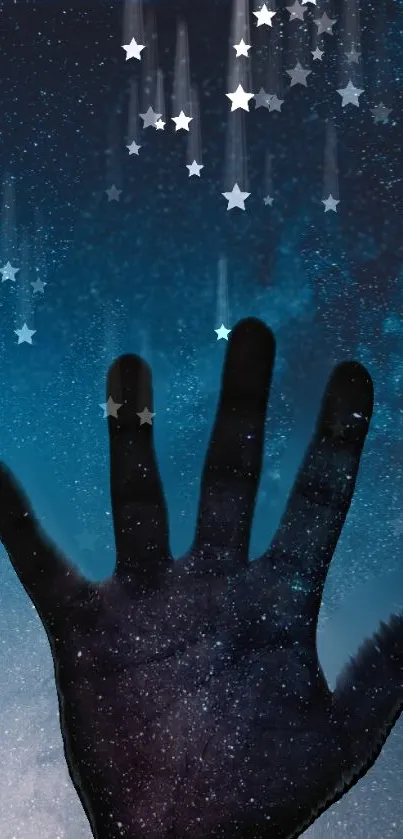 Hand silhouette against a starry blue night sky wallpaper.