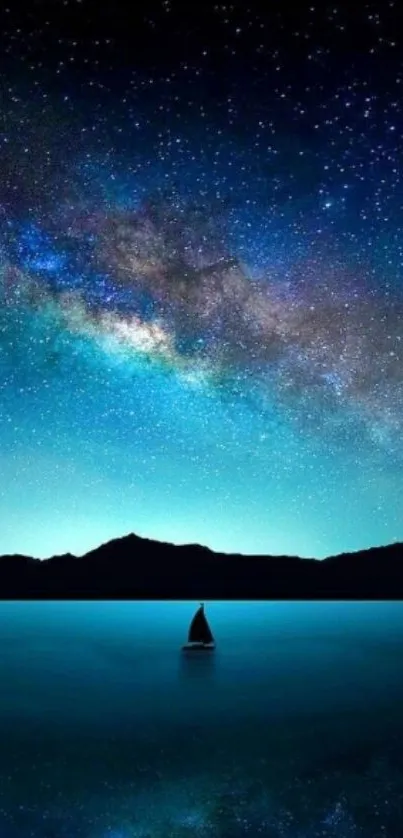 Starlit night sky with a sailboat on a serene lake wallpaper.