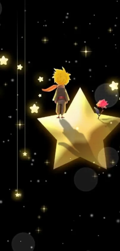 A child stands on a glowing star, surrounded by twinkling lights against a dark sky.