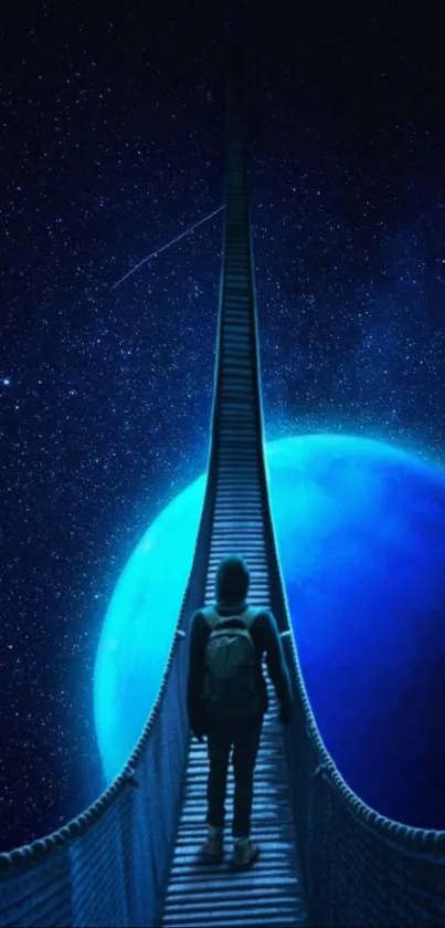 Traveler on bridge to a blue planet under a starry sky, cosmic theme wallpaper.