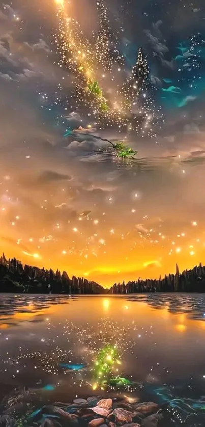 Star-filled sky over serene lake with orange reflections