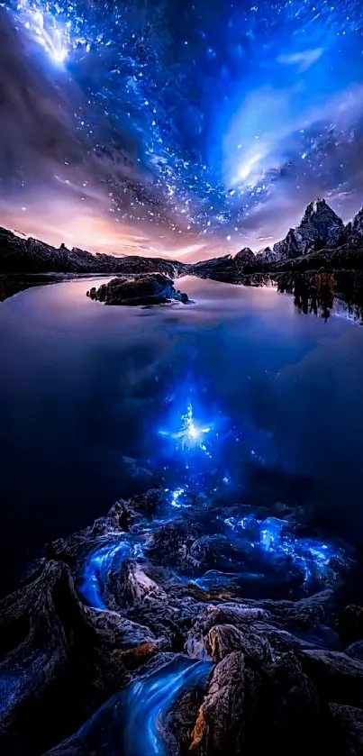 Starry night over a reflective lake, illuminating the scene.