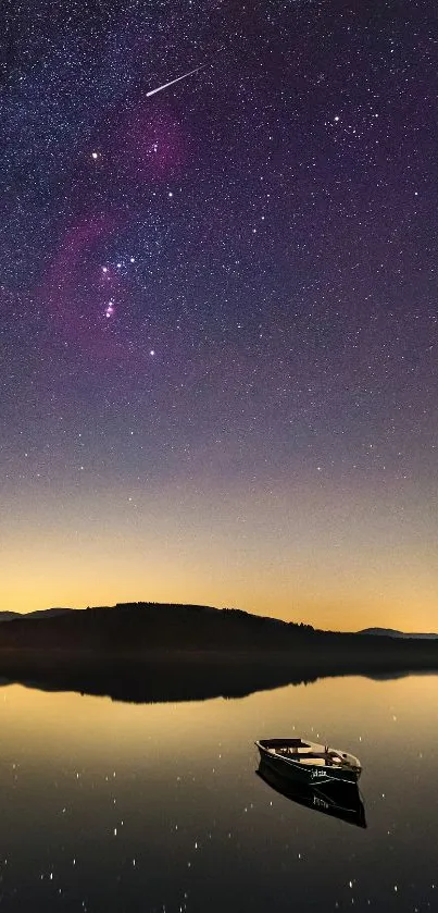 Starlit night sky over a calm reflective lake with a silhouetted boat.