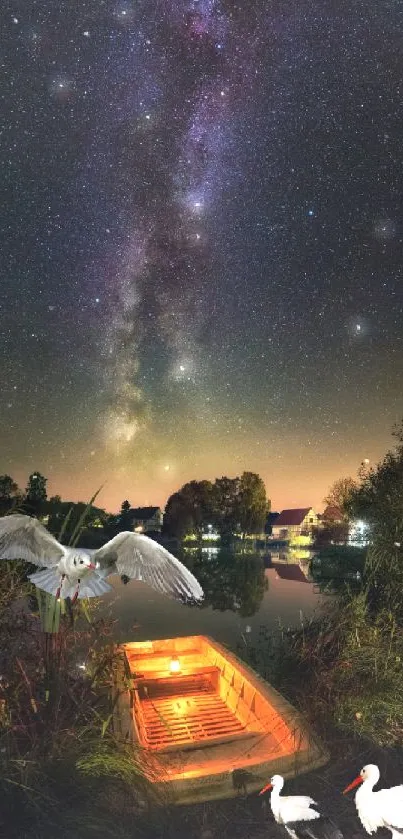 Starry night sky over tranquil lake with birds.