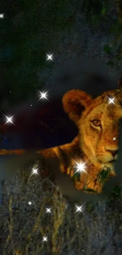 Lion under a starlit sky with forest backdrop.