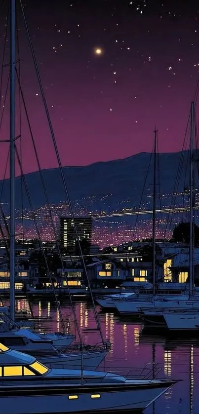 Marina at dusk with sailboats and stars in a purple sky.