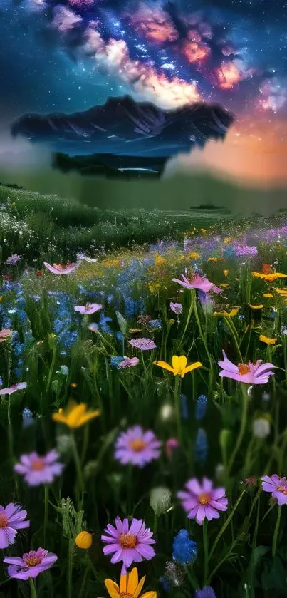 A vibrant night sky over a field of wildflowers with celestial views.