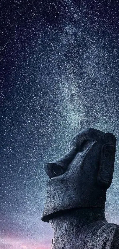 Moai statue under a starry night sky, creating a mystical and serene scene.