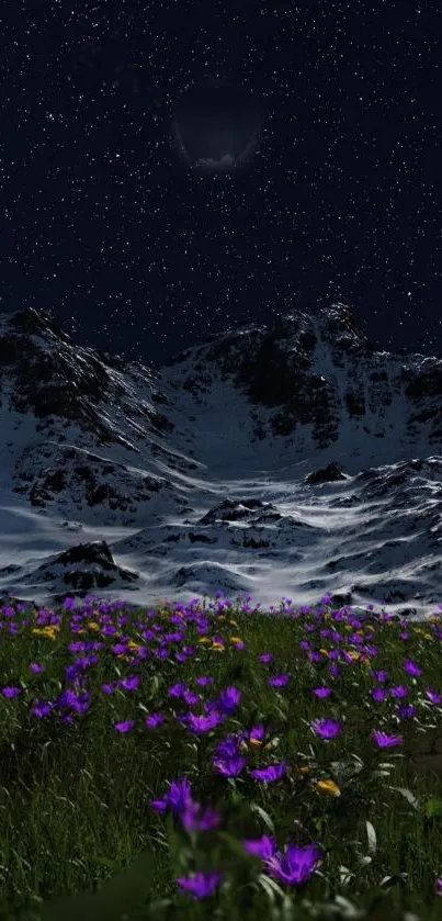 Starry night sky over a mountainous landscape with wildflowers.