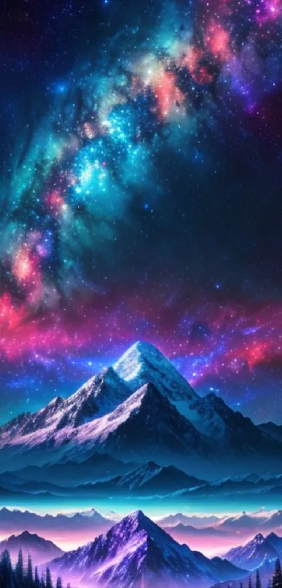 Stunning wallpaper of a mountain beneath a vibrant galaxy and starry night sky.